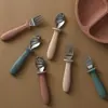 Cuchara y tenedor infantiles de acero inoxidable con mango de silicona para niños pequeños