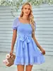 Estación Independiente Europea y Americana 2023 Amazon Comercio Exterior Casual para Mujer Primavera y Verano Cuello en V Color Sólido Cintura Vestido de Manga Corta