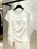 Elegante, Única y Exquisita Camisa Blanca Asimétrica de Cinta para Mujer, de Manga Corta, Elegante, Versátil y Top de Estilo Lujo Ligero