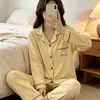 Pijama de Algodão Imitado para Mulheres, Manga Longa e Calça Longa, Cardigã para Primavera e Outono, Estilo Casual Simples de Alta Qualidade, Conjunto de Pijama Plus Size para Mulheres