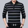 Camiseta de manga larga para hombre de primavera y otoño, holgada, con solapa, a rayas, para usar debajo, bolsillo real, talla grande, top casual para hombre