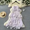 Vestido Morado Floral sin Mangas Estilo Resort Francés para Mujer, Vestido de Verano tipo Pastel con Volantes, Delgado y Elegante Vestido Largo