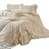 Estilo Princesa Francesa Juego de Cama de Cuatro Piezas 100% Algodón Lujo Ligero Retro Algodón Puro con Ribete de Encaje Funda Nórdica Estilo Falda de Cama Ropa de Cama para Dormitorio Principal