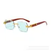 Gafas de Sol Retro sin Marco Multilado Europeas y Americanas Transfronterizas para Mujer, Gafas de Sol de Moda de Gama Alta con Patillas de Madera para Hombre