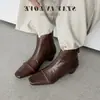 Botines vintage de piel de oveja marrón estilo francés, comercio exterior transfronterizo, punta cuadrada, tacón grueso, cremallera trasera, botas negras para mujer, botas Martin de otoño e invierno