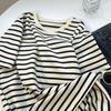 Camiseta feminina com gola redonda e listras forradas de lã, manga curta, primavera 2023, arroz solto, damasco, cor, faixa, base, vestido, seleção