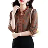 Camisa Feminina Estampada Retrô da Moda Verão Novo Estilo Elegante Solta Cobrindo a Barriga Manga Três Quartos Camisa Estilo Ocidental para Mães de Meia Idade