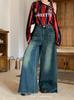 Estilo americano outono e inverno retro nostálgico solto perna larga casual trapo perna grande denim calças de chão