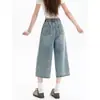 Calça Jeans Cropped com Cintura Elástica para Mulheres, Verão 2026, Fina, Tamanho Grande, Cintura Alta, Emagrecedora, Calça Larga Solta de Comprimento Médio