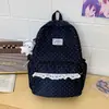 Mochila de estilo ins coreano estilo universitario con lunares de alta apariencia para estudiante de secundaria, mochila de viaje dulce estilo chica suave con encaje