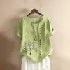 Foto Real de Camisa Casual Holgada de Manga Corta y Cuello Redondo de Algodón y Lino Vintage para Mujer Primavera y Verano 2026