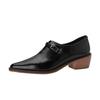 Zapatos de Mujer de Cuero Completo Tacón Grueso Imitación Madera Puntiagudos Hebilla de Cinturón Boca Profunda Zapatos de Una Capa Cuero Vacuno Estilo Británico Vintage Tacón Bajo Zapatos de Cuero Simples