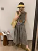 Conjunto de Vestido de Verano Dongdaemun Coreano para Mujer, Top sin Mangas de Cuadros Blanco y Negro, Conjunto de Dos Piezas con Falda de Campana Retro