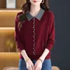 26 Otoño Nuevo Tallas Grandes Prendas de Punto de Alta Gama para Mujer de Mediana Edad Holgado Talla Grande Top con Solapa Cubre Vientre Suéter Base Elegante