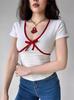 Camiseta de algodón de manga corta con cuello en V de las Spice Girls Pure Desire para mujer, nueva camiseta de verano de Niche con costuras rojas, corte entallado, top moderno de corte entallado.