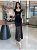 Vestido Longo de Noite Sexy e Elegante com Decote Baixo, Patchwork de Renda, Ajustado ao Corpo, Novo para o Verão 2026