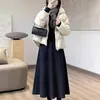 Falda de lana gris oscuro de cintura alta para mujer, estilo europeo de primavera y otoño, adelgazante, ajustada al cuerpo, falda midi de línea A tipo paraguas