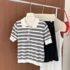 Camisa Polo Rayada Retro de Bloques de Color para Mujer, Manga Corta de Algodón Puro, Nuevo Estilo Suave Primavera/Verano, Camiseta de Punto con Cuello de Solapa