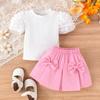 Traje de verano 2024 Amazon para niños, camisa de manga corta abullonada a cuadros con rayas de pozo, falda plisada para niñas