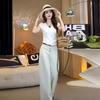 Blanco Simple Elegante Cintura Cuello Redondo Top 2024 Verano Moda Casual Cómodo Pierna Recta Pantalón Pierna Ancha traje Mujer