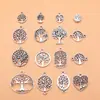 Juego de 16 Colgantes Pequeños de Árbol de la Vida de Plata Antigua, Accesorios de Joyería, 16 Estilos, 1 Cada Uno, aproximadamente 17g por Juego