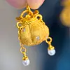 Colgante de bolsa de la suerte tipo calabaza cepillada con borla de perlas y diamantes, collar con colgante de oro chapado vietnamita de alta gama para mujer