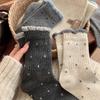 Calcetines de Lunares para Mujer, Calcetines de Color Sólido a Media Pantorrilla con Encaje, Combinados con Zapatos Pequeños de Cuero, Estilo Coreano para Otoño e Invierno, Combinados con Zapatillas de Entrenamiento Alemanas, Calcetines Off-White Arrugados