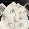 Pijama a rayas blanco lechoso con estampado de cachorro para mujer, algodón nube, corte holgado, talla grande, ribete azul, cuello de solapa, manga larga, pantalón largo, conjunto para el hogar
