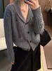 Cárdigan de Punto Trenzado con Bordado de Caballo Pequeño Estilo Old Money para Mujer, Otoño/Invierno 2026, Top con Cuello Solapa, Abrigo Holgado Adelgazante