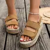 Sandálias Femininas de Verão Transfronteiriças Novo Estilo Linho Palha Sola Grossa Velcro Abertas Grande Tamanho Calçados de Praia de Solado Macio de Comércio Exterior