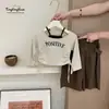Novidades de outono: Garota descolada estilo coreano! Conjunto de duas peças para meninas com top de letra estampado com cordão e calça casual para primavera e outono