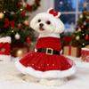 Ropa para Mascotas Navidad Tela de Terciopelo Dorado Vestido de Papá Noel con Goma para el Pelo Falda de Malla Roja