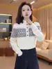 Suéter Jacquard Fair Isle Retrô Feminino Outono Inverno 2025 Botão Gola Meia-Alta Temperamento Rejuvenescedor Malha Grossa Camada Base