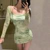 Traje de baño de tres piezas 2025 Verano Nuevo Estilo Manchado Fresco Limpieza en Seco Conservador Cubre Vientre Aspecto Adelgazante Cintura Alta Boxer con Abertura