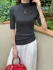 Blusa de Tricô Feminina Gola Meia-Alta, Manga Média, Emagrecedora, Novo Estilo 2026, Blusa Básica Lisa, Suéter Versátil de Manga Curta