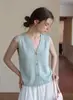Hermoso top de tirantes de punto azul estilo coreano para mujer, verano 2026, top exterior de alta gama que disimula los bultos laterales