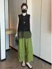 Nuevo conjunto de dos piezas para mujer: camiseta sin mangas de malla con retazos estilo chino y pantalones de pierna ancha de cintura alta, atuendo elegante y versátil para el verano