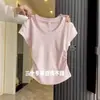 Algodón Puro Elástico Suave Azul Claro Diseño Adelgazante Top Plisado Hombro Derecho Manga Corta Verano para Mujer Sencillo Versátil Camiseta
