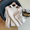 Top de Malha Elegante Estilo Coreano Afinando o Visual com Gola Halter Ombro a Ombro para Mulheres Outono e Inverno 2025 Novo Versátil Redutor de Idade Estilo Preguiçoso Suéter