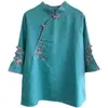 Camisa Vintage de Algodón y Lino Estilo Chino Camisa Estilo Chino Cuello Vertical Botones de Contraste Top de Manga Media Ropa de Té Bordada Ropa de Primavera y Verano para Mujer