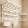Toallero de doble pliegue, toallero de baño de pared sin taladro, estante de almacenamiento multifuncional para baño del hogar