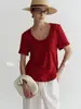 Camiseta Bie sin costuras, top de lino para mujer de manga corta, cuello en U holgado, top básico casual versátil para el verano