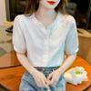 Verão 2026 Novo Estilo Camisa de Algodão Puro com Gola Babados para Mulheres, Top Elegante de Algodão Jacquard Bordado Fino, Camisa Feminina de Manga Curta