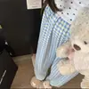 Pantalones de pijama de algodón y seda para casa de verano, longitud de nueve puntos, talla grande, pantalones casuales holgados a cuadros para casa, cómodos 05