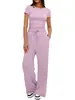 Conjunto Casual de Cor Sólida com Top de Manga Curta Franzido e Calça Wide Leg de Cintura Alta - Roupa Esportiva - Lançamento Europeu e Americano da Amazon