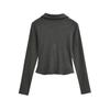 Camiseta Ajustada Elástica de Manga Larga para Mujer, Estampado de Cuadros Contrastantes, Diseño Falso de Dos Piezas, Cuello Solapa, Plisado, Cintura Alta, Corta que Muestra el Ombligo