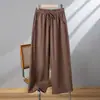 Pantalones Anchos de Algodón y Lino para Mujer, de Cintura Alta, Pantalones Cortos de Lino con Caída, Pantalones Tai Chi Talla Grande, Pantalones Casuales de Pierna Recta con Cordón