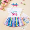 Roupas transfronteiriças para meninas de 0 a 2 anos e roupas de festa de aniversário infantis vestido com manga borboleta terno conjunto faixa de cabeça com laço adesivo de 1 caractere