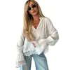 Camisa de Mujer de Estilo Vintage con Encaje y Cuello en V, Manga Larga Holgada, Transfronteriza de Amazon Otoño 2026 Europea y Americana