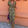 Moda Europeia e Americana da Primavera da Amazonia Saia Longa Estampada em Contraste Vestido Elegante Slim de Manga Curta com Decote em V